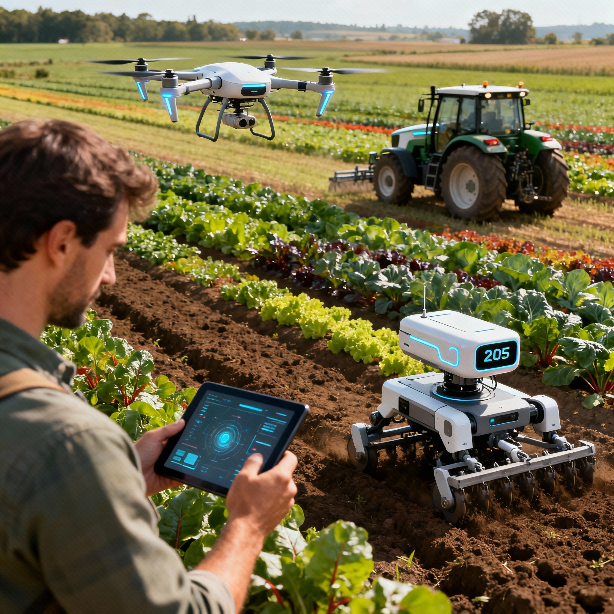 Agricultura moderna en la Vega Baja del Segura con tractores trabajando en campos de cultivo